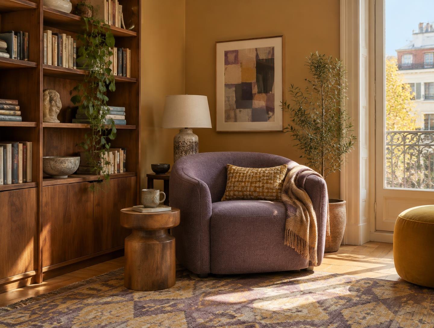 Generierte Leseecke mit ockerfarbener Wand, violettem Sessel und gemustertem Teppich