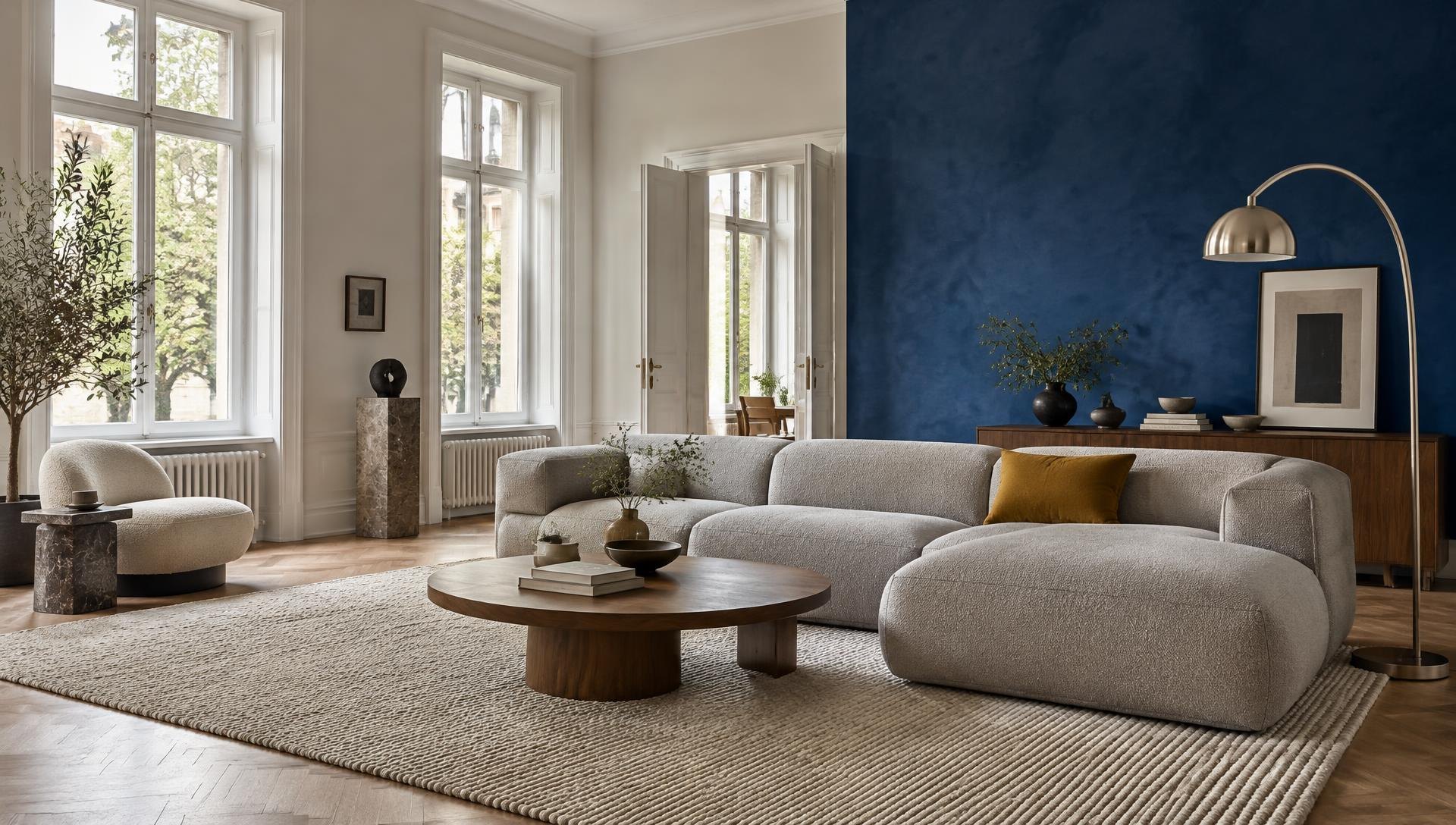 Wohninspiration mit blauer Wand, hellem Sofa und natürlichen Materialien