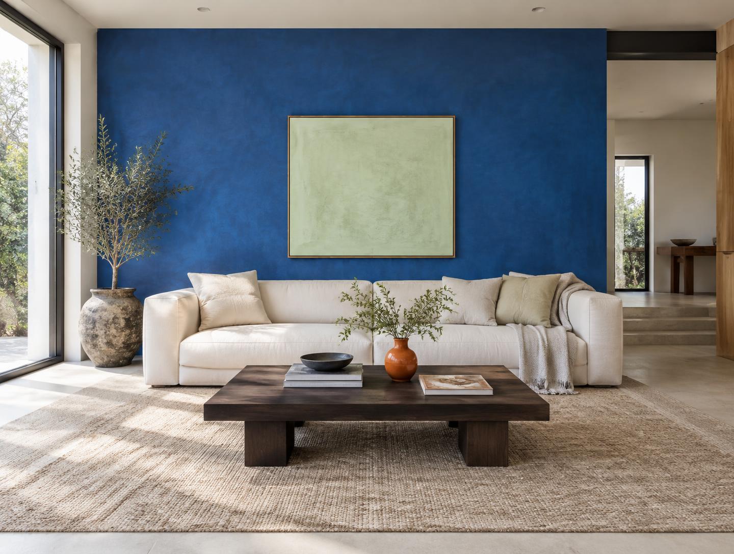 KI-Wohnidee mit strukturierter blauer Wand, hellem Sofa, dunklem Holztisch und orangefarbener Vase
